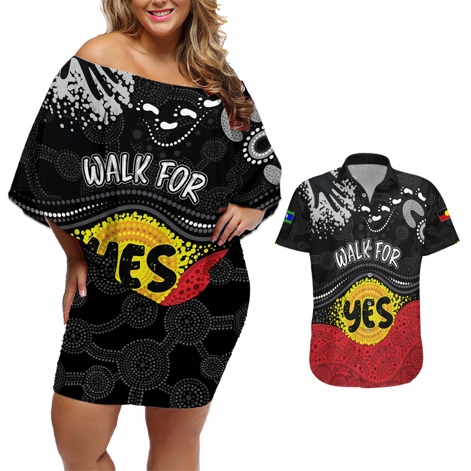 personalised-australia-indigenous-couples-matching-off-shoulder-short-dress-and-hawaiian-shirt-walk-for-yes-2023-aboriginal-flag-style