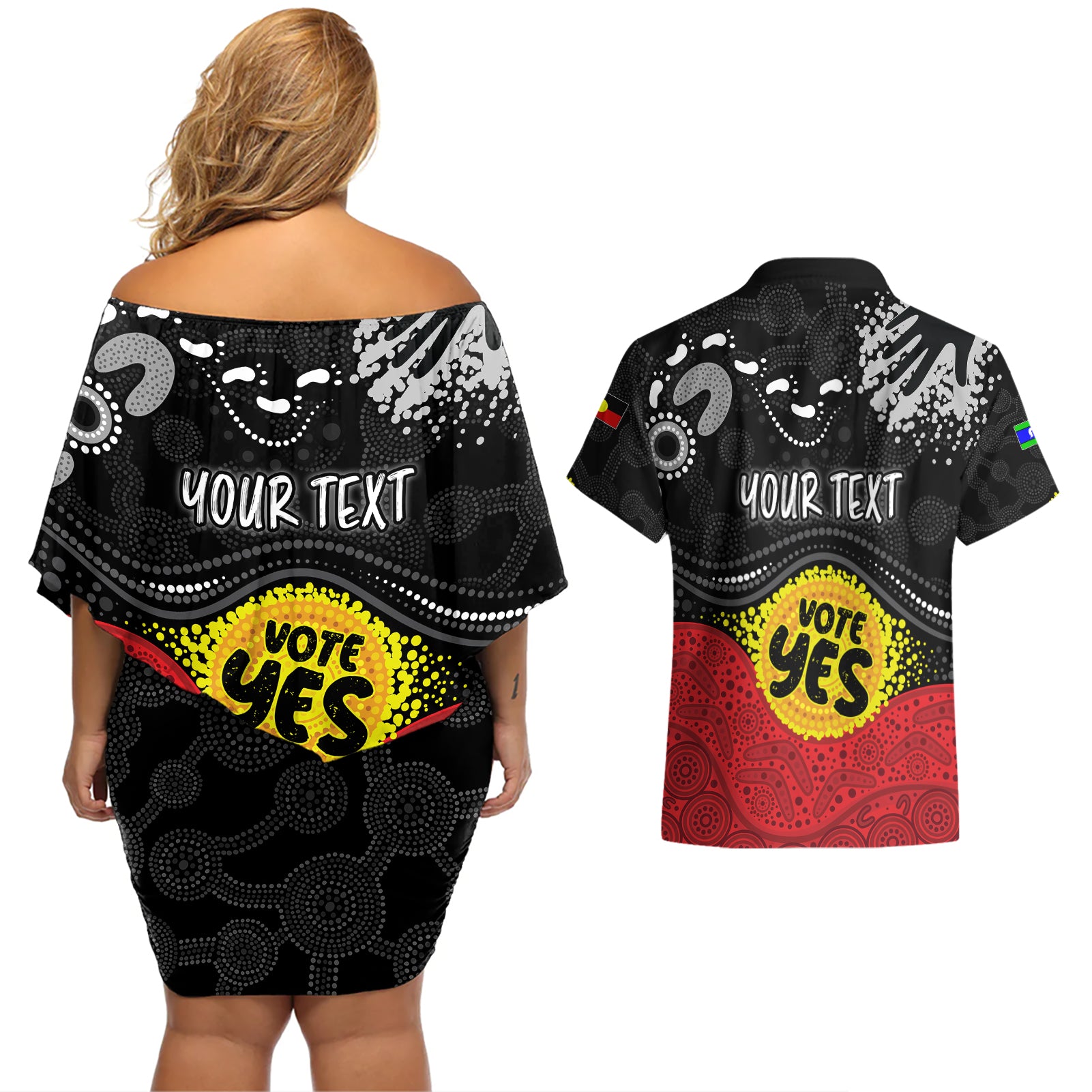 personalised-australia-indigenous-couples-matching-off-shoulder-short-dress-and-hawaiian-shirt-walk-for-yes-2023-aboriginal-flag-style