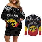 personalised-australia-indigenous-couples-matching-off-shoulder-short-dress-and-long-sleeve-button-shirts-walk-for-yes-2023-aboriginal-flag-style