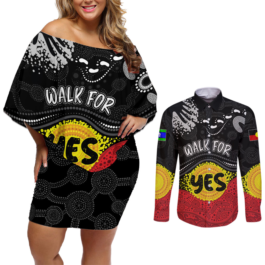 personalised-australia-indigenous-couples-matching-off-shoulder-short-dress-and-long-sleeve-button-shirts-walk-for-yes-2023-aboriginal-flag-style