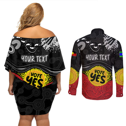 personalised-australia-indigenous-couples-matching-off-shoulder-short-dress-and-long-sleeve-button-shirts-walk-for-yes-2023-aboriginal-flag-style