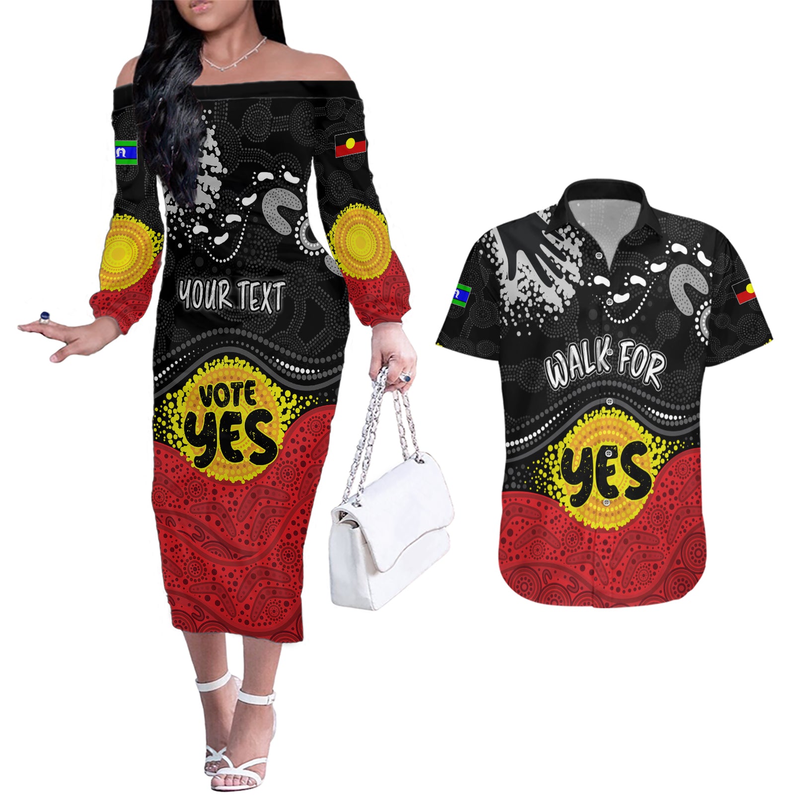 personalised-australia-indigenous-couples-matching-off-the-shoulder-long-sleeve-dress-and-hawaiian-shirt-walk-for-yes-2023-aboriginal-flag-style