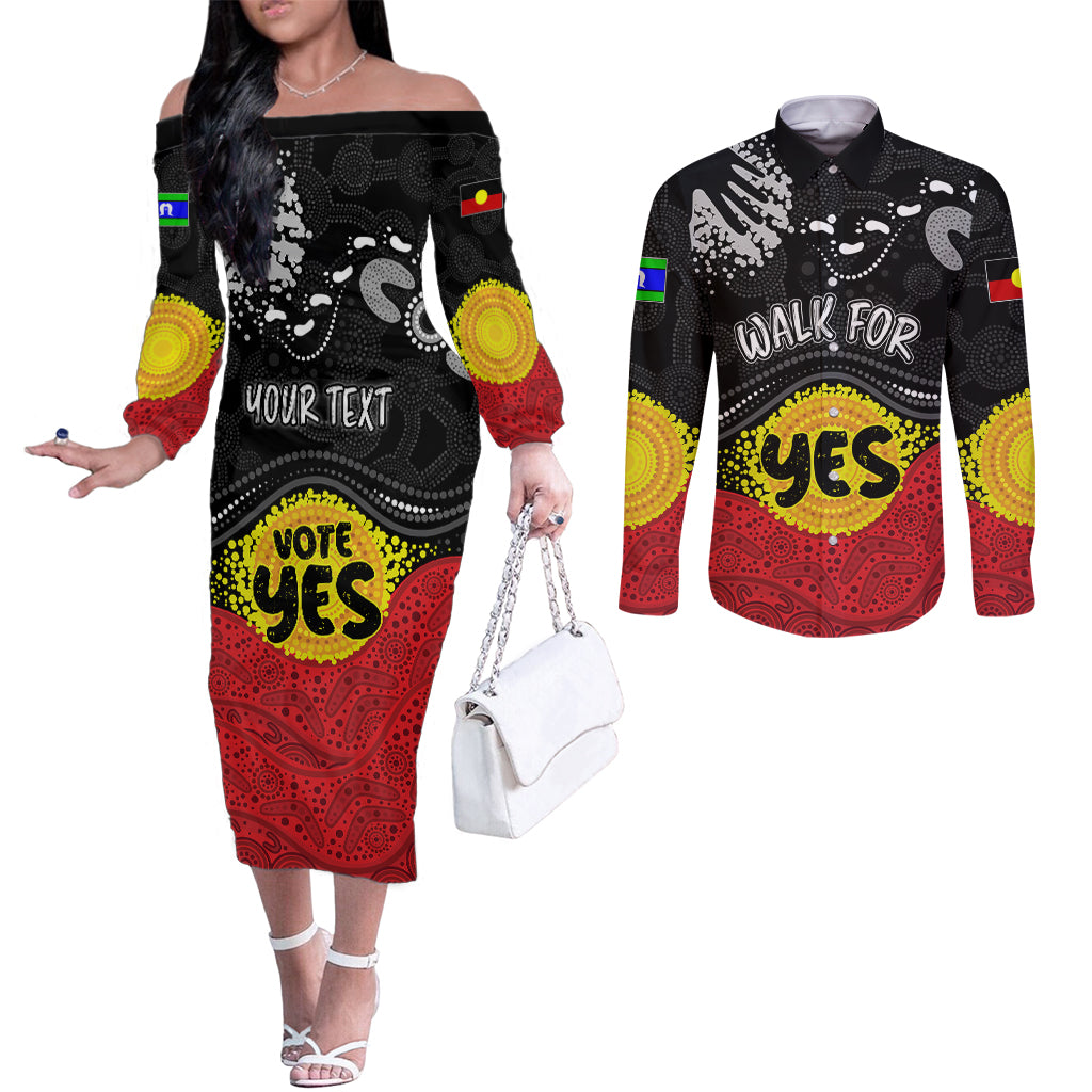 personalised-australia-indigenous-couples-matching-off-the-shoulder-long-sleeve-dress-and-long-sleeve-button-shirts-walk-for-yes-2023-aboriginal-flag-style