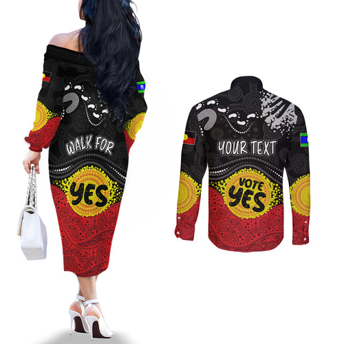 personalised-australia-indigenous-couples-matching-off-the-shoulder-long-sleeve-dress-and-long-sleeve-button-shirts-walk-for-yes-2023-aboriginal-flag-style