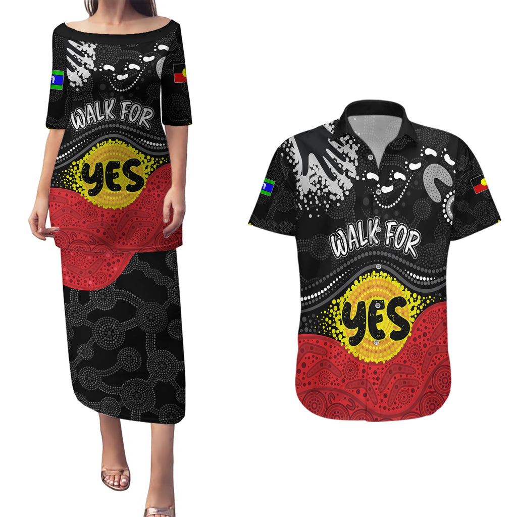 personalised-australia-indigenous-couples-matching-puletasi-dress-and-hawaiian-shirt-walk-for-yes-2023-aboriginal-flag-style