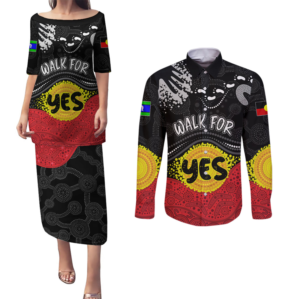 personalised-australia-indigenous-couples-matching-puletasi-dress-and-long-sleeve-button-shirts-walk-for-yes-2023-aboriginal-flag-style