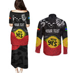 personalised-australia-indigenous-couples-matching-puletasi-dress-and-long-sleeve-button-shirts-walk-for-yes-2023-aboriginal-flag-style