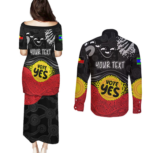 personalised-australia-indigenous-couples-matching-puletasi-dress-and-long-sleeve-button-shirts-walk-for-yes-2023-aboriginal-flag-style