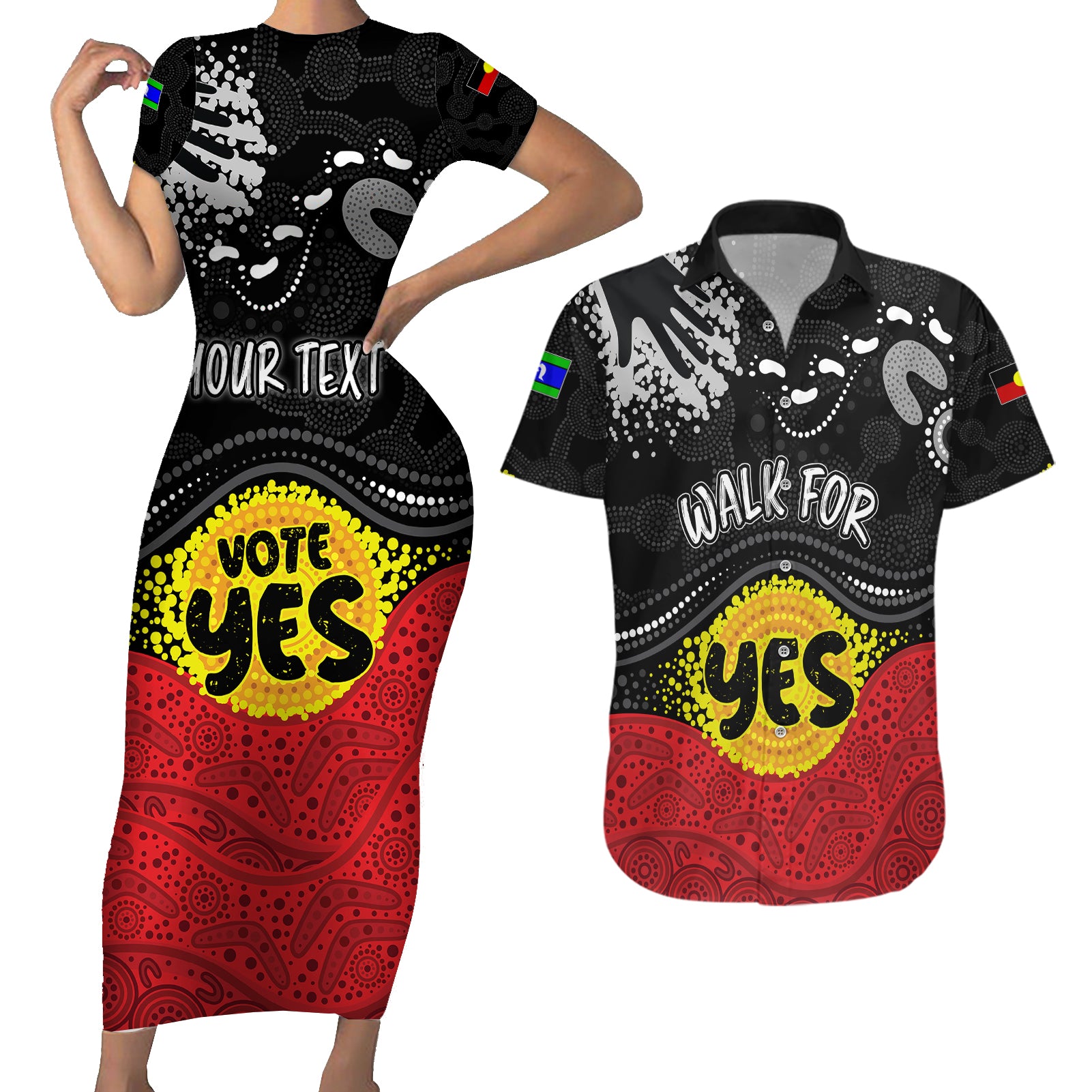personalised-australia-indigenous-couples-matching-short-sleeve-bodycon-dress-and-hawaiian-shirt-walk-for-yes-2023-aboriginal-flag-style