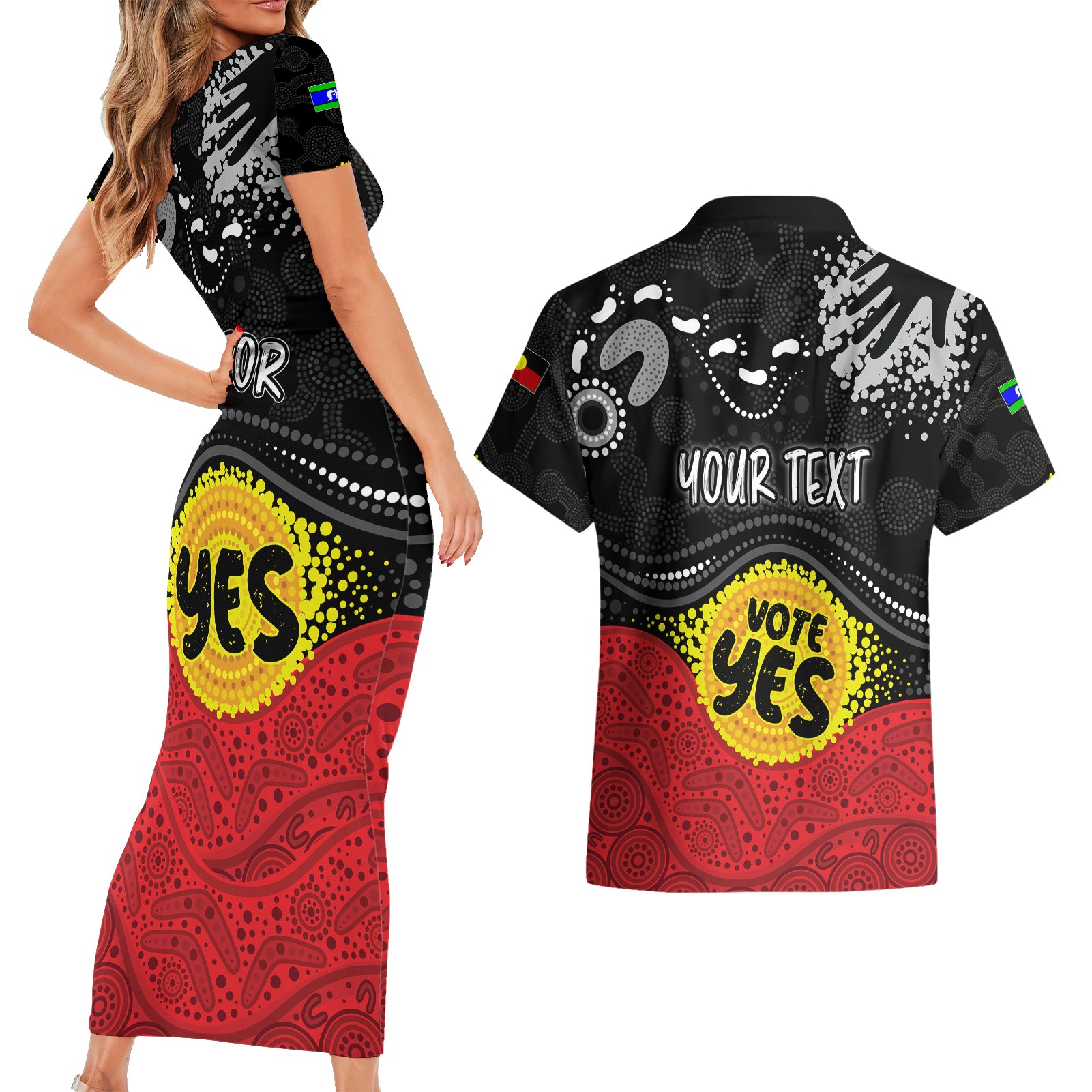 personalised-australia-indigenous-couples-matching-short-sleeve-bodycon-dress-and-hawaiian-shirt-walk-for-yes-2023-aboriginal-flag-style