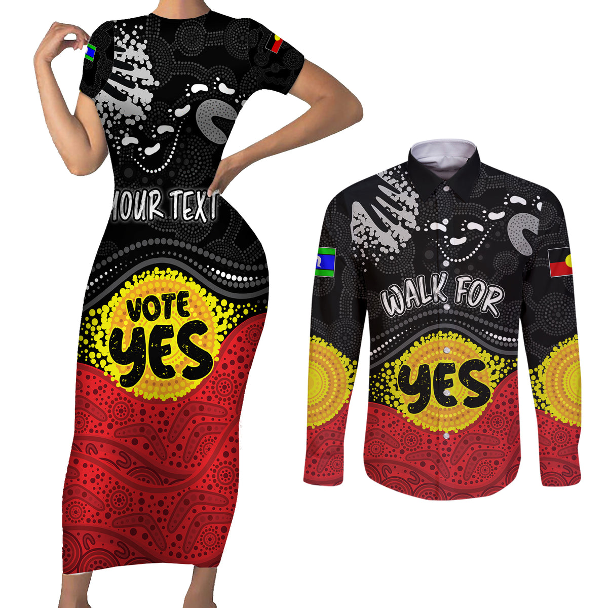 personalised-australia-indigenous-couples-matching-short-sleeve-bodycon-dress-and-long-sleeve-button-shirts-walk-for-yes-2023-aboriginal-flag-style