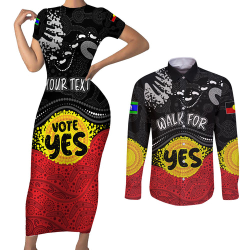 personalised-australia-indigenous-couples-matching-short-sleeve-bodycon-dress-and-long-sleeve-button-shirts-walk-for-yes-2023-aboriginal-flag-style