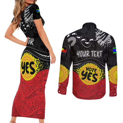 personalised-australia-indigenous-couples-matching-short-sleeve-bodycon-dress-and-long-sleeve-button-shirts-walk-for-yes-2023-aboriginal-flag-style