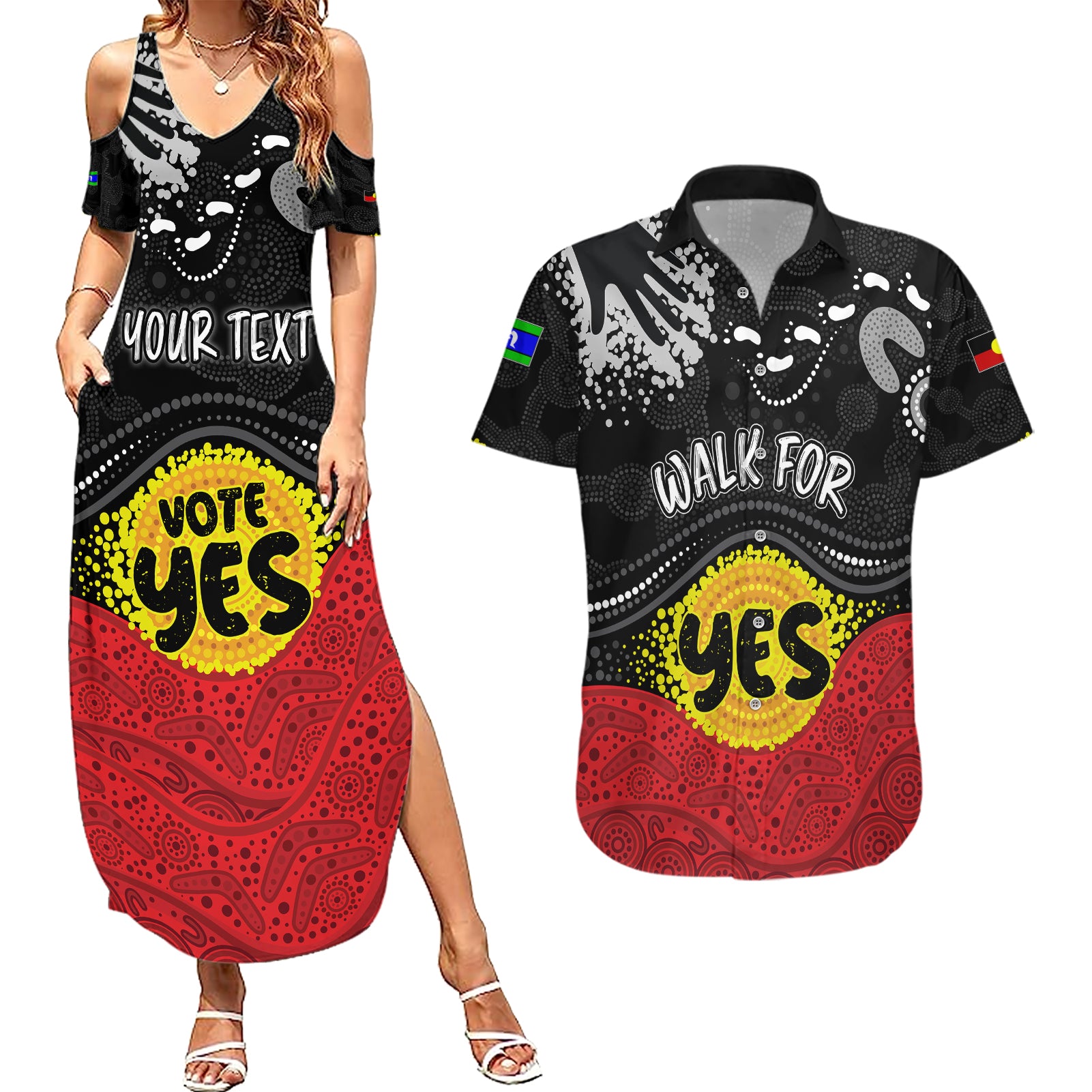 personalised-australia-indigenous-couples-matching-summer-maxi-dress-and-hawaiian-shirt-walk-for-yes-2023-aboriginal-flag-style