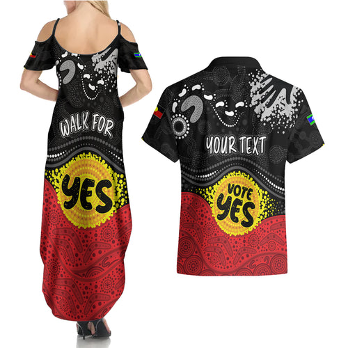personalised-australia-indigenous-couples-matching-summer-maxi-dress-and-hawaiian-shirt-walk-for-yes-2023-aboriginal-flag-style