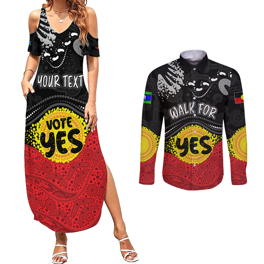 personalised-australia-indigenous-couples-matching-summer-maxi-dress-and-long-sleeve-button-shirts-walk-for-yes-2023-aboriginal-flag-style