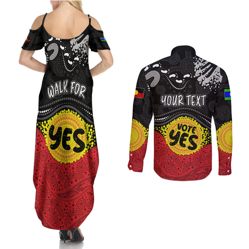 personalised-australia-indigenous-couples-matching-summer-maxi-dress-and-long-sleeve-button-shirts-walk-for-yes-2023-aboriginal-flag-style
