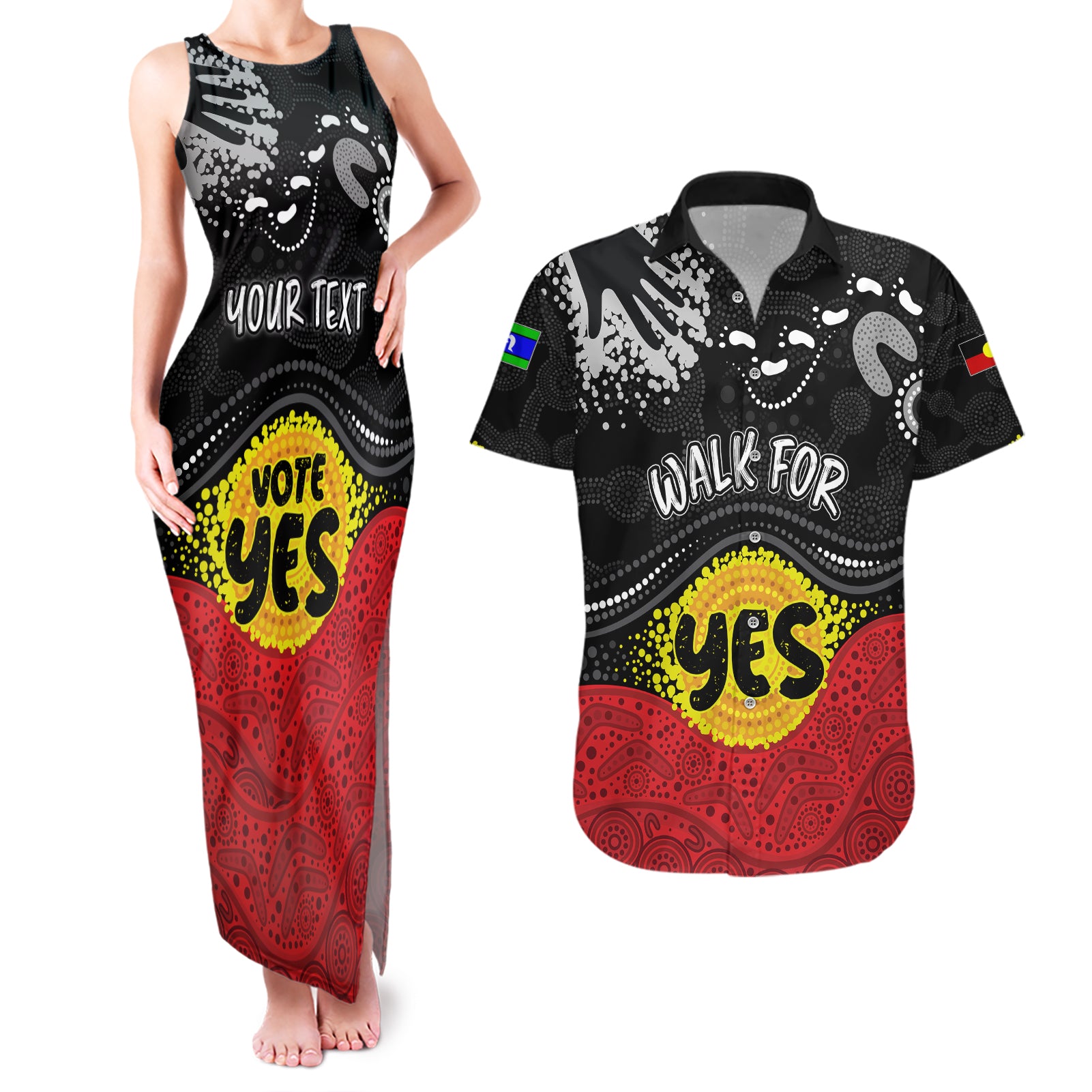personalised-australia-indigenous-couples-matching-tank-maxi-dress-and-hawaiian-shirt-walk-for-yes-2023-aboriginal-flag-style