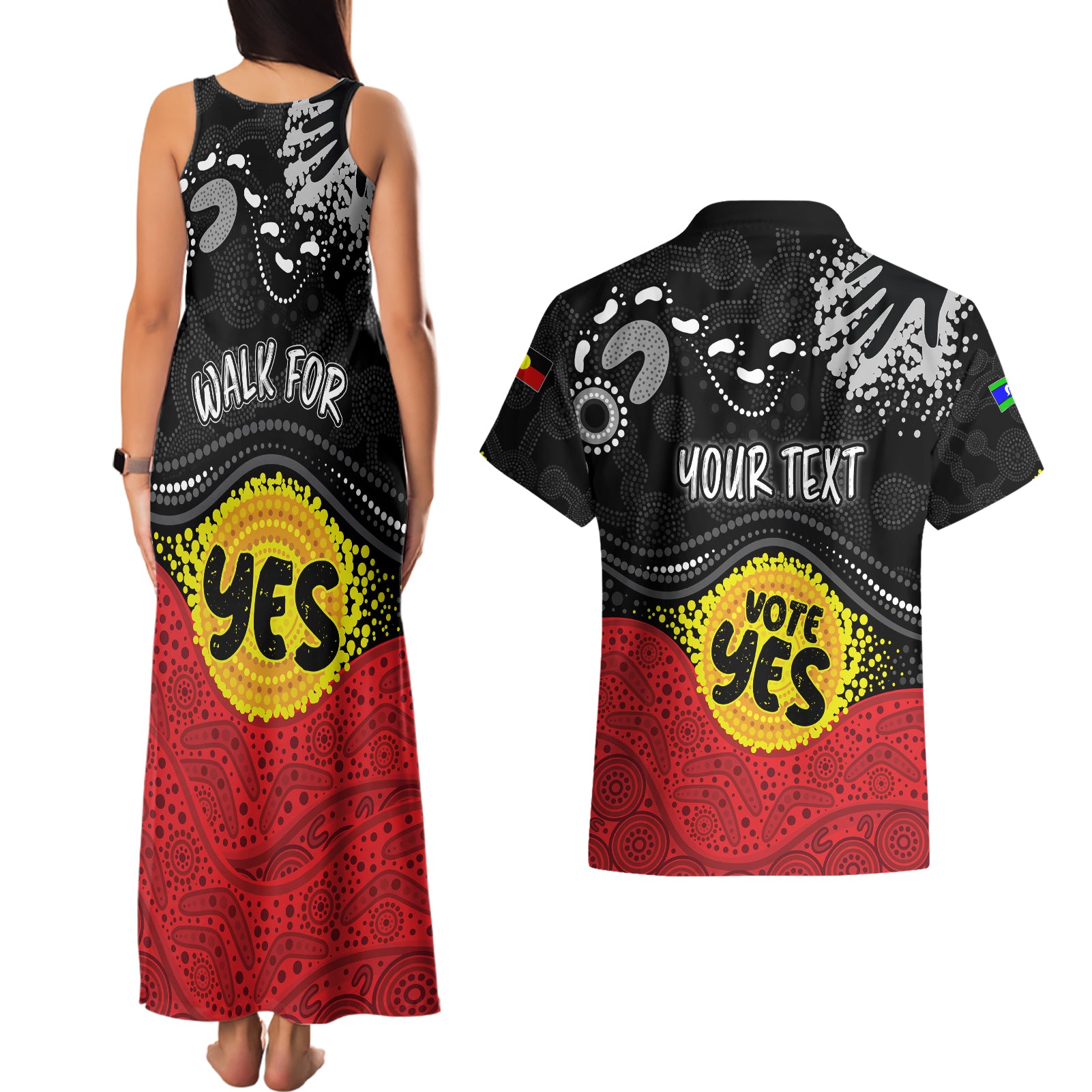 personalised-australia-indigenous-couples-matching-tank-maxi-dress-and-hawaiian-shirt-walk-for-yes-2023-aboriginal-flag-style