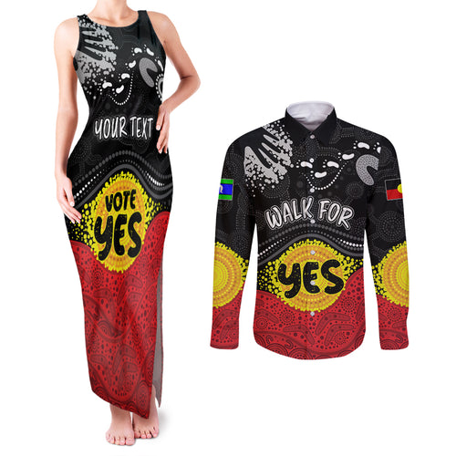 personalised-australia-indigenous-couples-matching-tank-maxi-dress-and-long-sleeve-button-shirts-walk-for-yes-2023-aboriginal-flag-style
