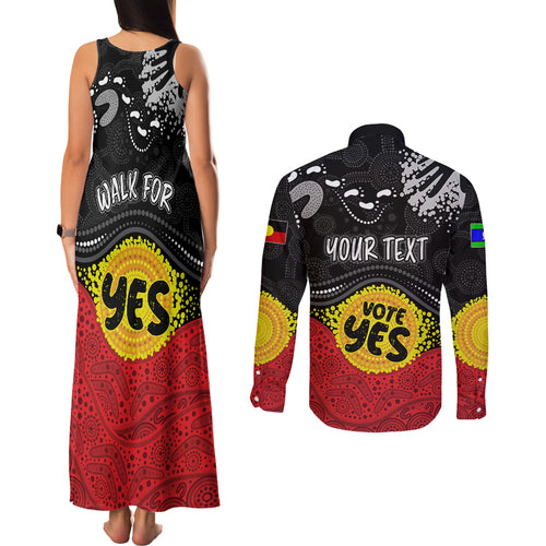 personalised-australia-indigenous-couples-matching-tank-maxi-dress-and-long-sleeve-button-shirts-walk-for-yes-2023-aboriginal-flag-style