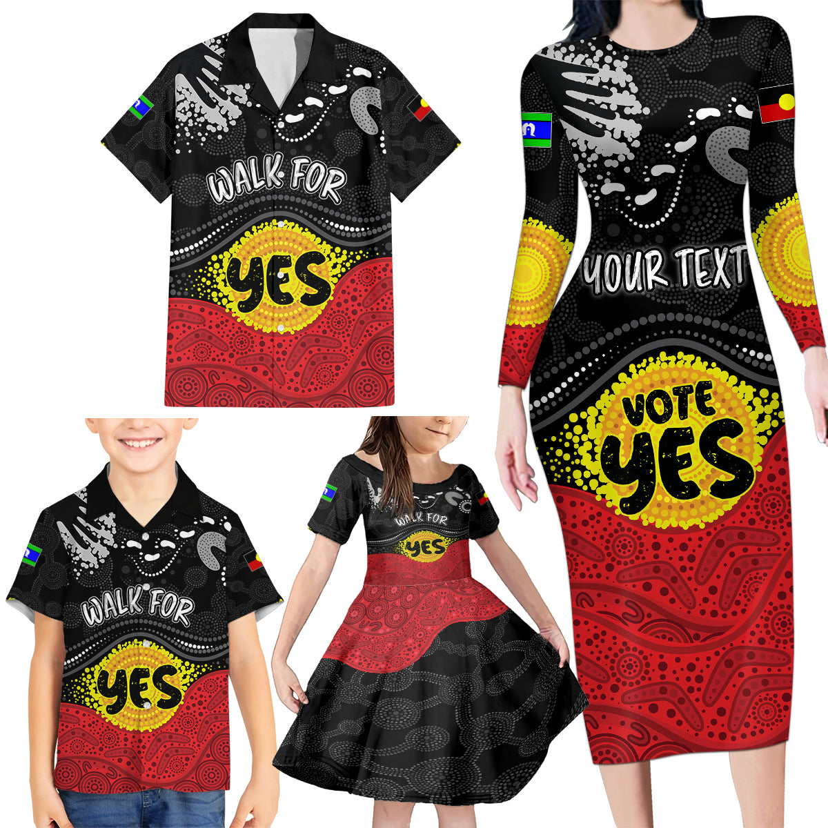personalised-australia-indigenous-family-matching-long-sleeve-bodycon-dress-and-hawaiian-shirt-walk-for-yes-2023-aboriginal-flag-style