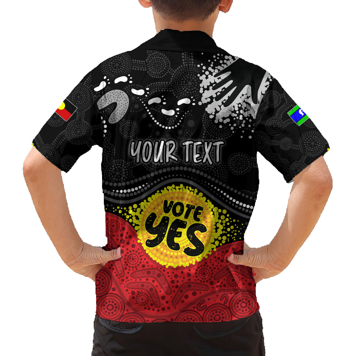 personalised-australia-indigenous-family-matching-long-sleeve-bodycon-dress-and-hawaiian-shirt-walk-for-yes-2023-aboriginal-flag-style
