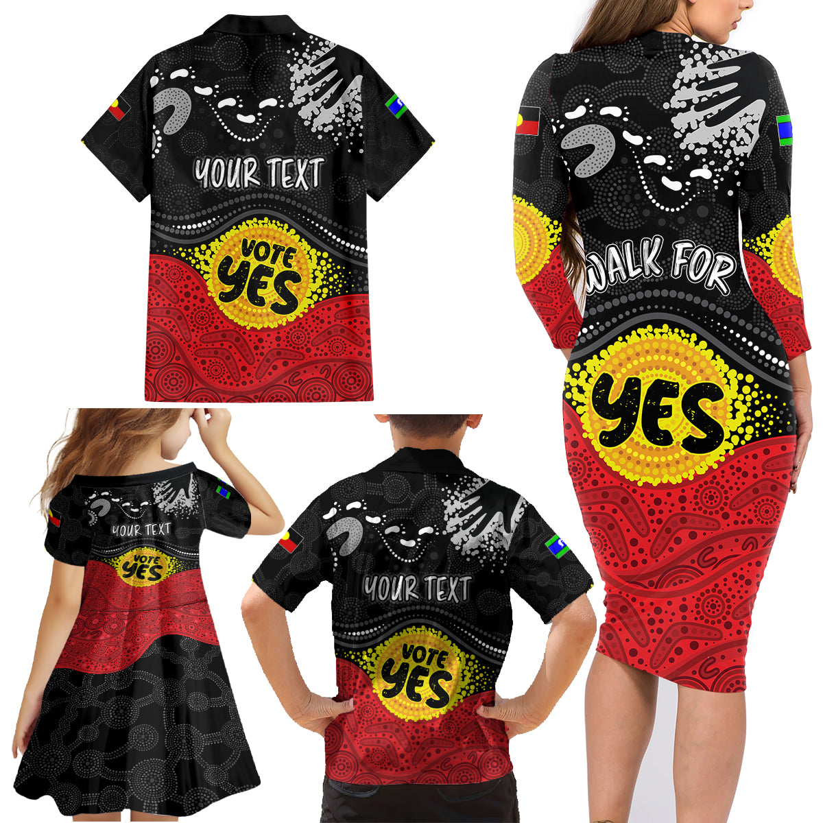 personalised-australia-indigenous-family-matching-long-sleeve-bodycon-dress-and-hawaiian-shirt-walk-for-yes-2023-aboriginal-flag-style