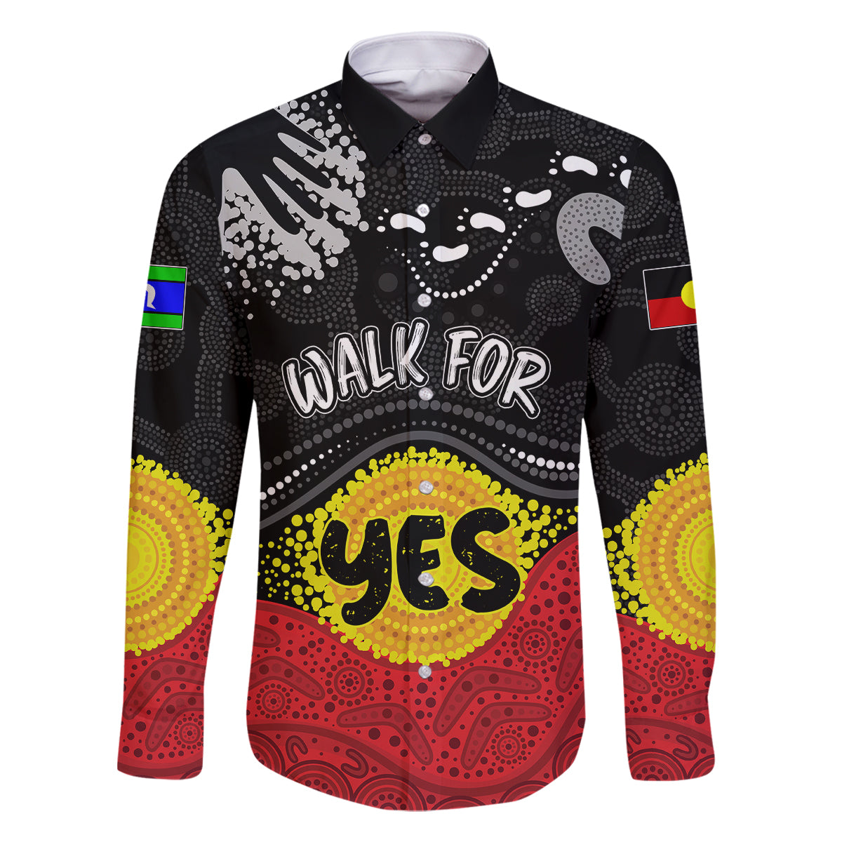 personalised-australia-indigenous-family-matching-long-sleeve-bodycon-dress-and-hawaiian-shirt-walk-for-yes-2023-aboriginal-flag-style