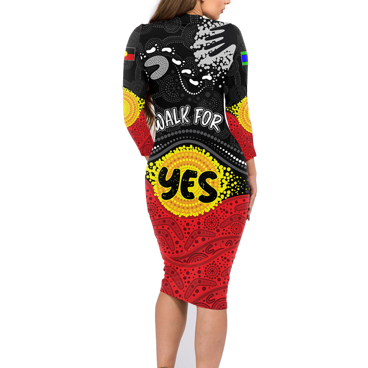 personalised-australia-indigenous-family-matching-long-sleeve-bodycon-dress-and-hawaiian-shirt-walk-for-yes-2023-aboriginal-flag-style