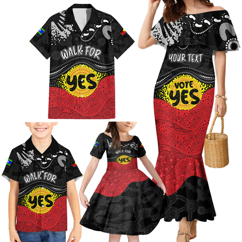 personalised-australia-indigenous-family-matching-mermaid-dress-and-hawaiian-shirt-walk-for-yes-2023-aboriginal-flag-style