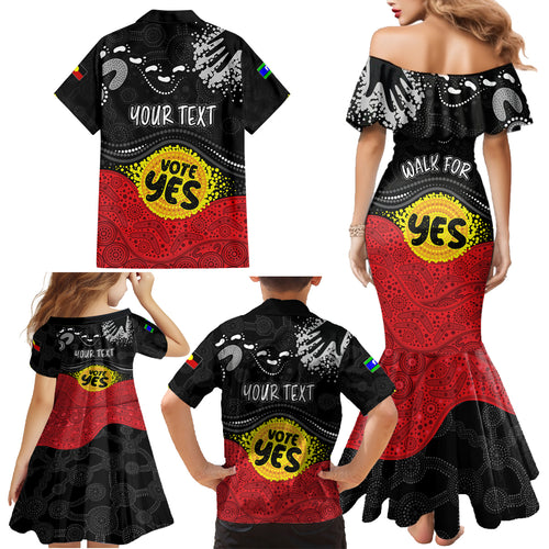 personalised-australia-indigenous-family-matching-mermaid-dress-and-hawaiian-shirt-walk-for-yes-2023-aboriginal-flag-style