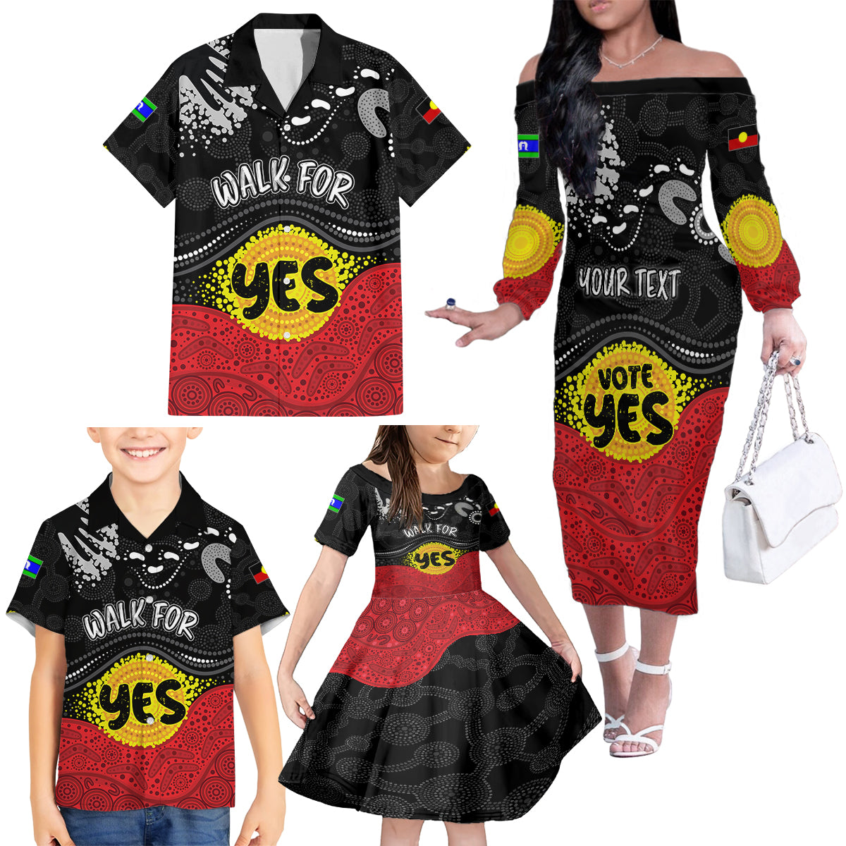 personalised-australia-indigenous-family-matching-off-shoulder-long-sleeve-dress-and-hawaiian-shirt-walk-for-yes-2023-aboriginal-flag-style