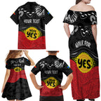 personalised-australia-indigenous-family-matching-off-shoulder-long-sleeve-dress-and-hawaiian-shirt-walk-for-yes-2023-aboriginal-flag-style