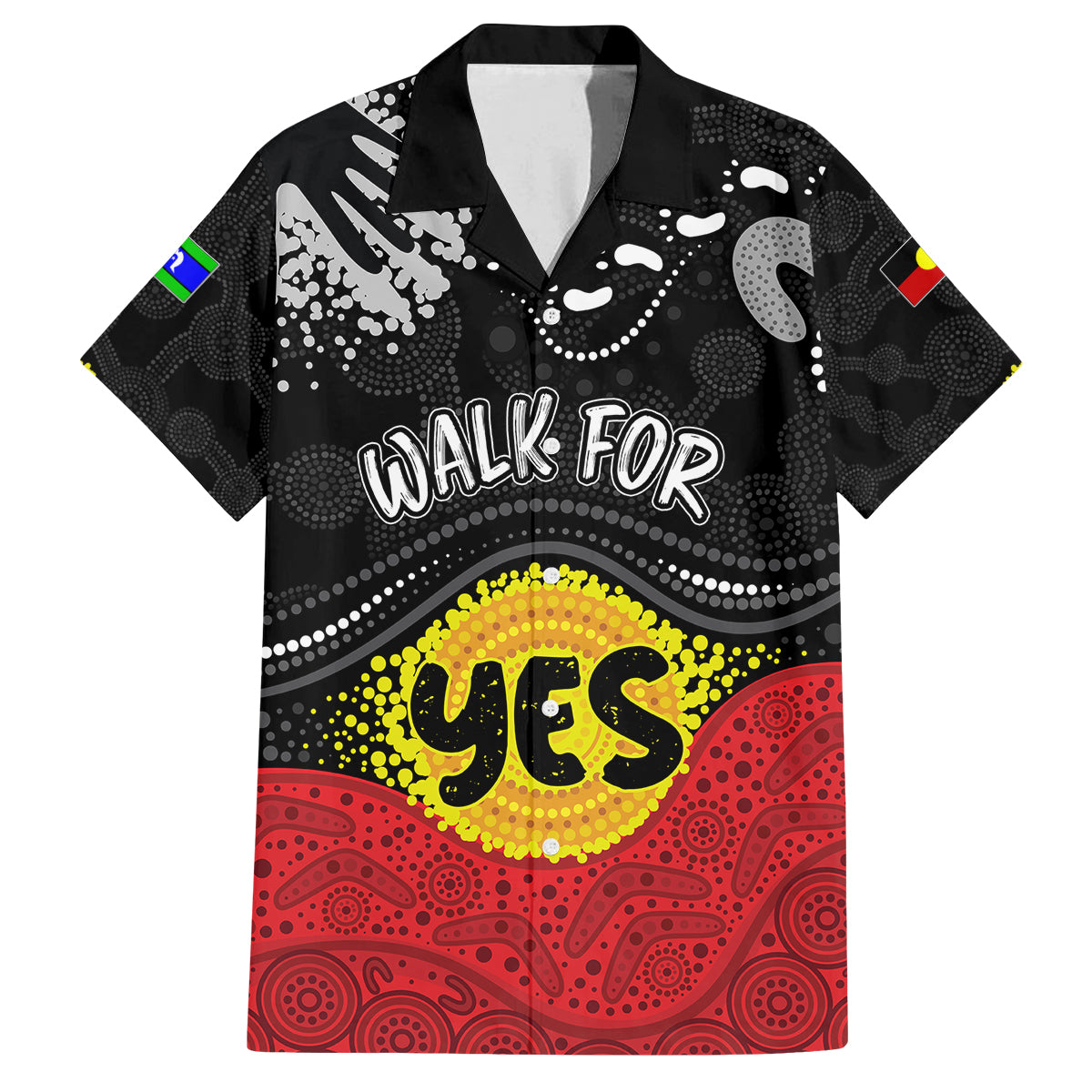 personalised-australia-indigenous-family-matching-off-shoulder-long-sleeve-dress-and-hawaiian-shirt-walk-for-yes-2023-aboriginal-flag-style