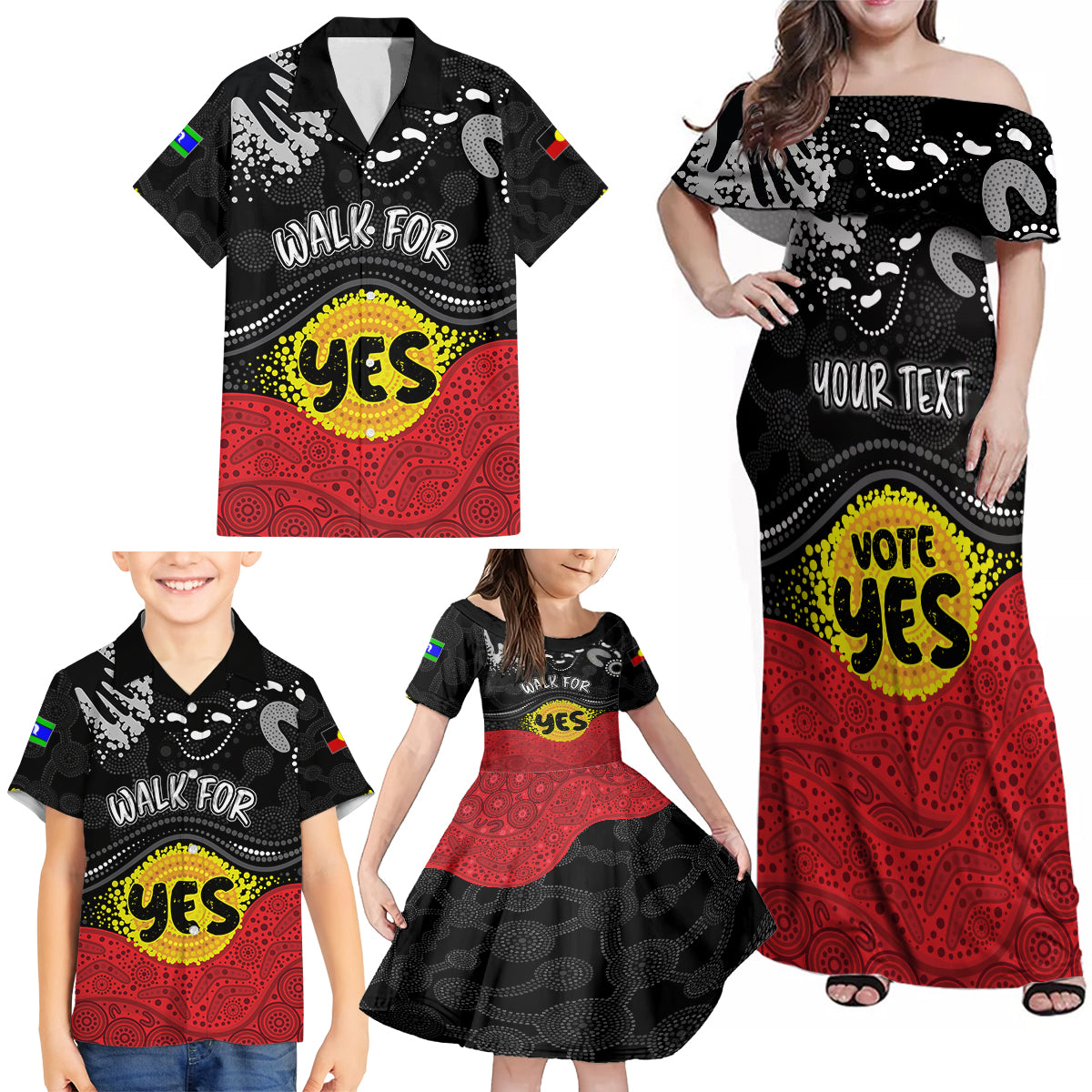 personalised-australia-indigenous-family-matching-off-shoulder-maxi-dress-and-hawaiian-shirt-walk-for-yes-2023-aboriginal-flag-style