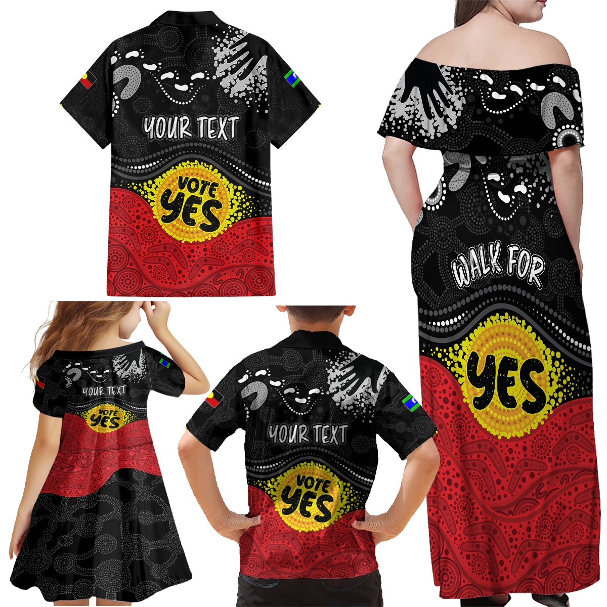 personalised-australia-indigenous-family-matching-off-shoulder-maxi-dress-and-hawaiian-shirt-walk-for-yes-2023-aboriginal-flag-style
