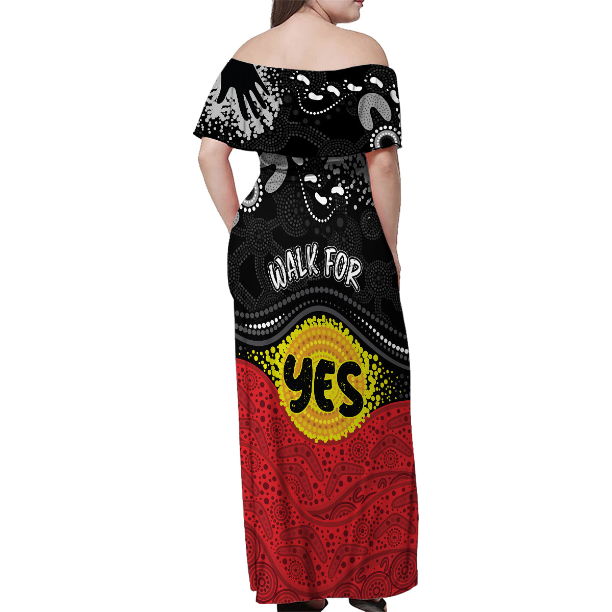 personalised-australia-indigenous-family-matching-off-shoulder-maxi-dress-and-hawaiian-shirt-walk-for-yes-2023-aboriginal-flag-style