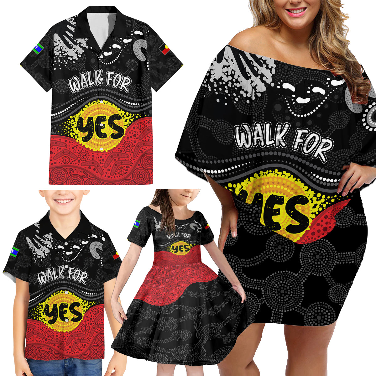 personalised-australia-indigenous-family-matching-off-shoulder-short-dress-and-hawaiian-shirt-walk-for-yes-2023-aboriginal-flag-style