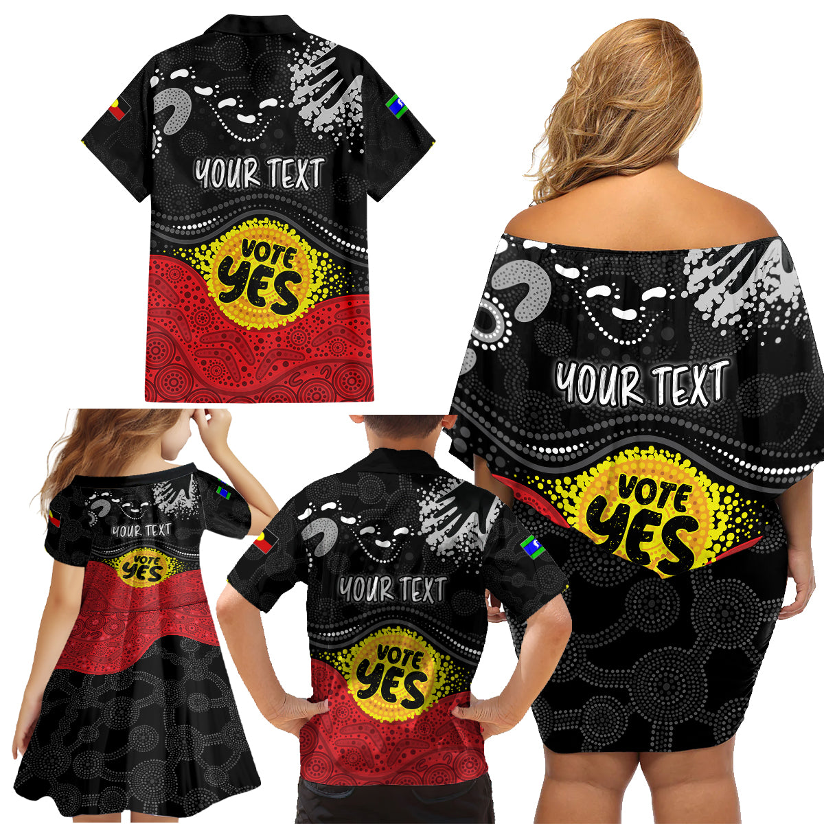 personalised-australia-indigenous-family-matching-off-shoulder-short-dress-and-hawaiian-shirt-walk-for-yes-2023-aboriginal-flag-style