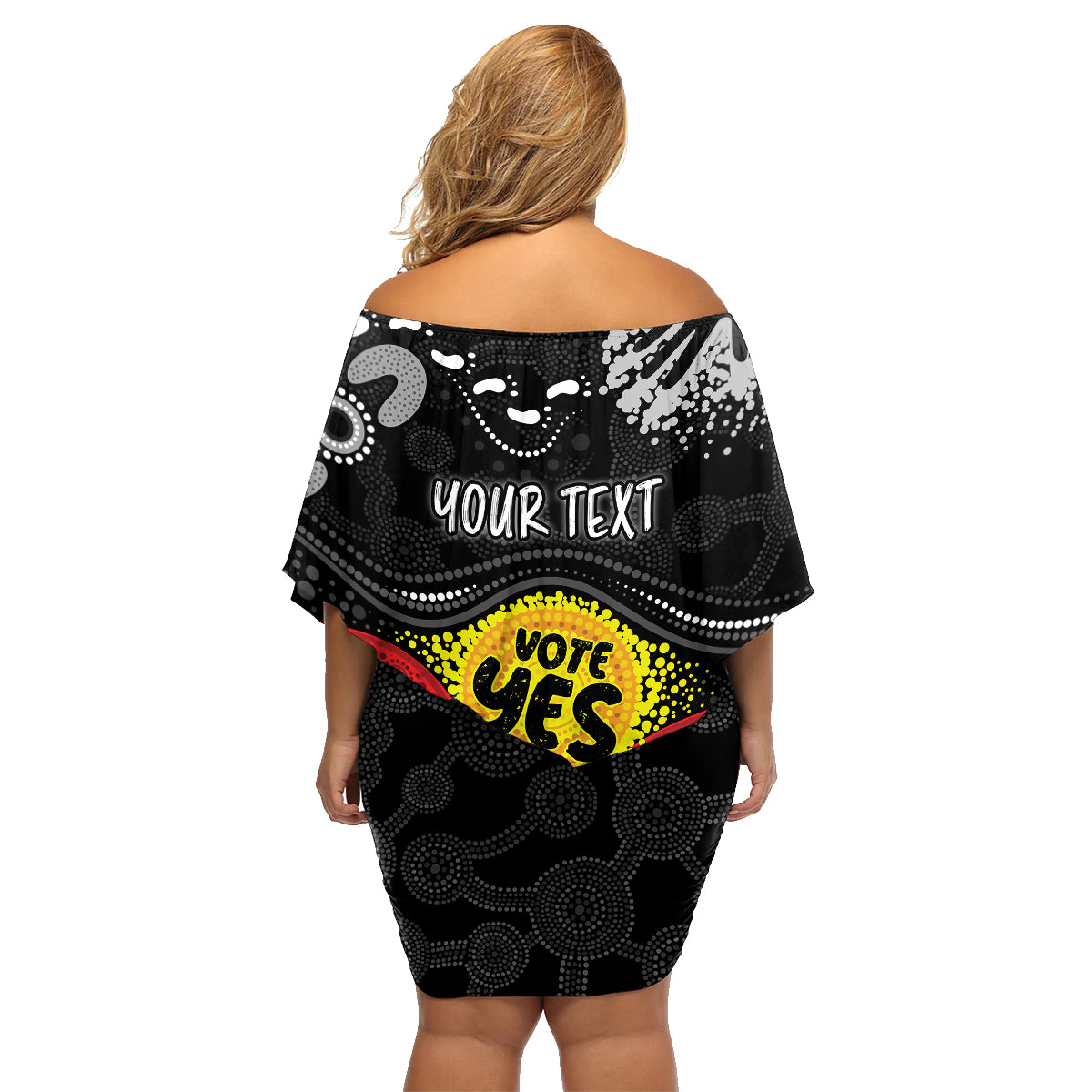 personalised-australia-indigenous-family-matching-off-shoulder-short-dress-and-hawaiian-shirt-walk-for-yes-2023-aboriginal-flag-style