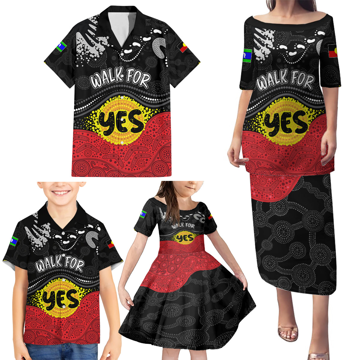 personalised-australia-indigenous-family-matching-puletasi-dress-and-hawaiian-shirt-walk-for-yes-2023-aboriginal-flag-style