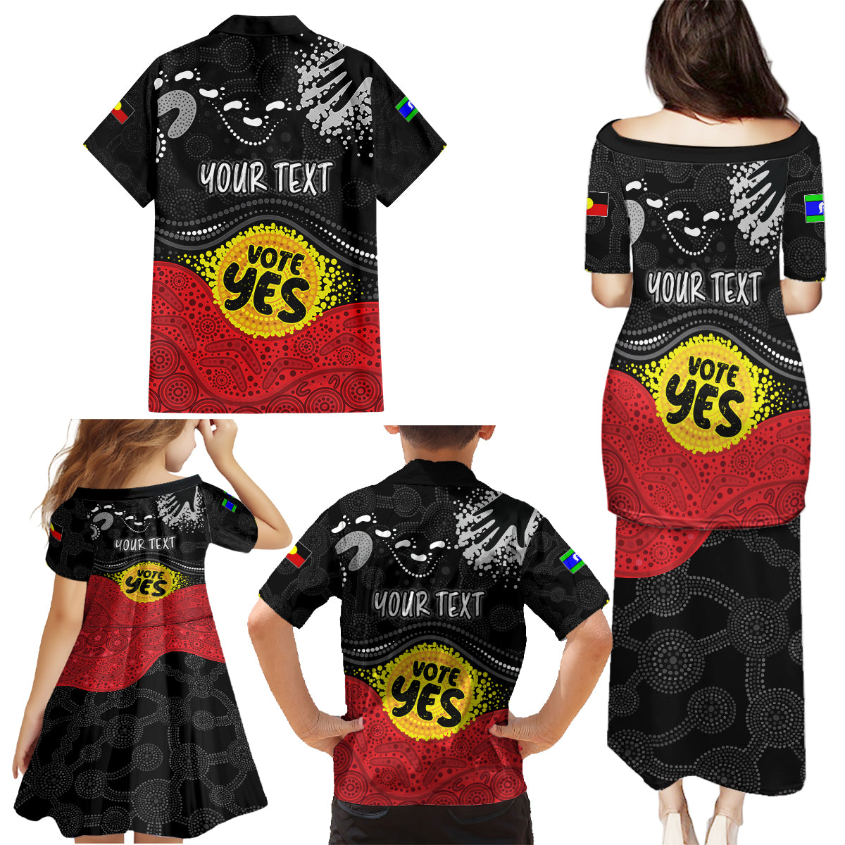 personalised-australia-indigenous-family-matching-puletasi-dress-and-hawaiian-shirt-walk-for-yes-2023-aboriginal-flag-style