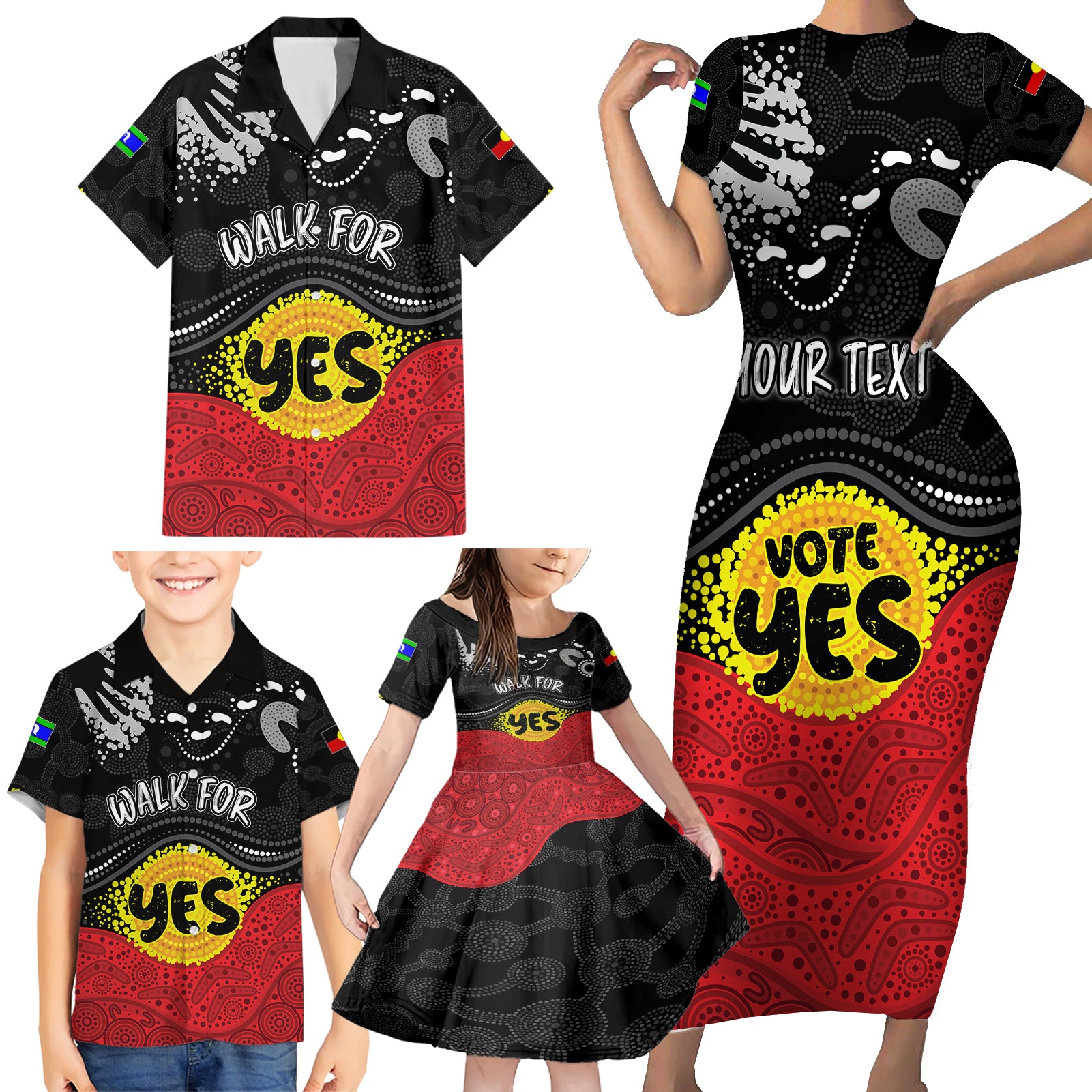 personalised-australia-indigenous-family-matching-short-sleeve-bodycon-dress-and-hawaiian-shirt-walk-for-yes-2023-aboriginal-flag-style