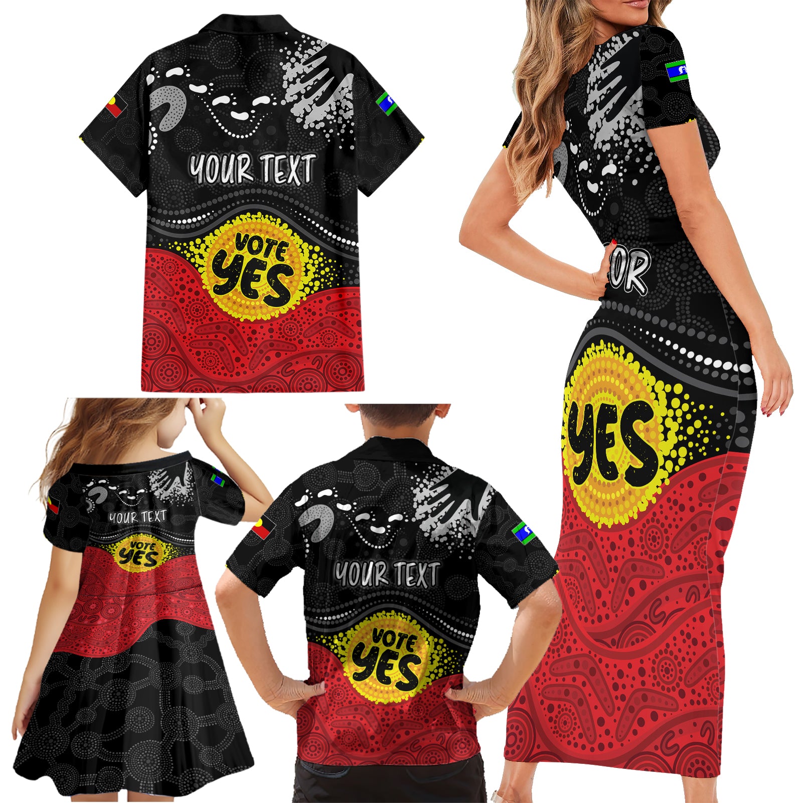 personalised-australia-indigenous-family-matching-short-sleeve-bodycon-dress-and-hawaiian-shirt-walk-for-yes-2023-aboriginal-flag-style