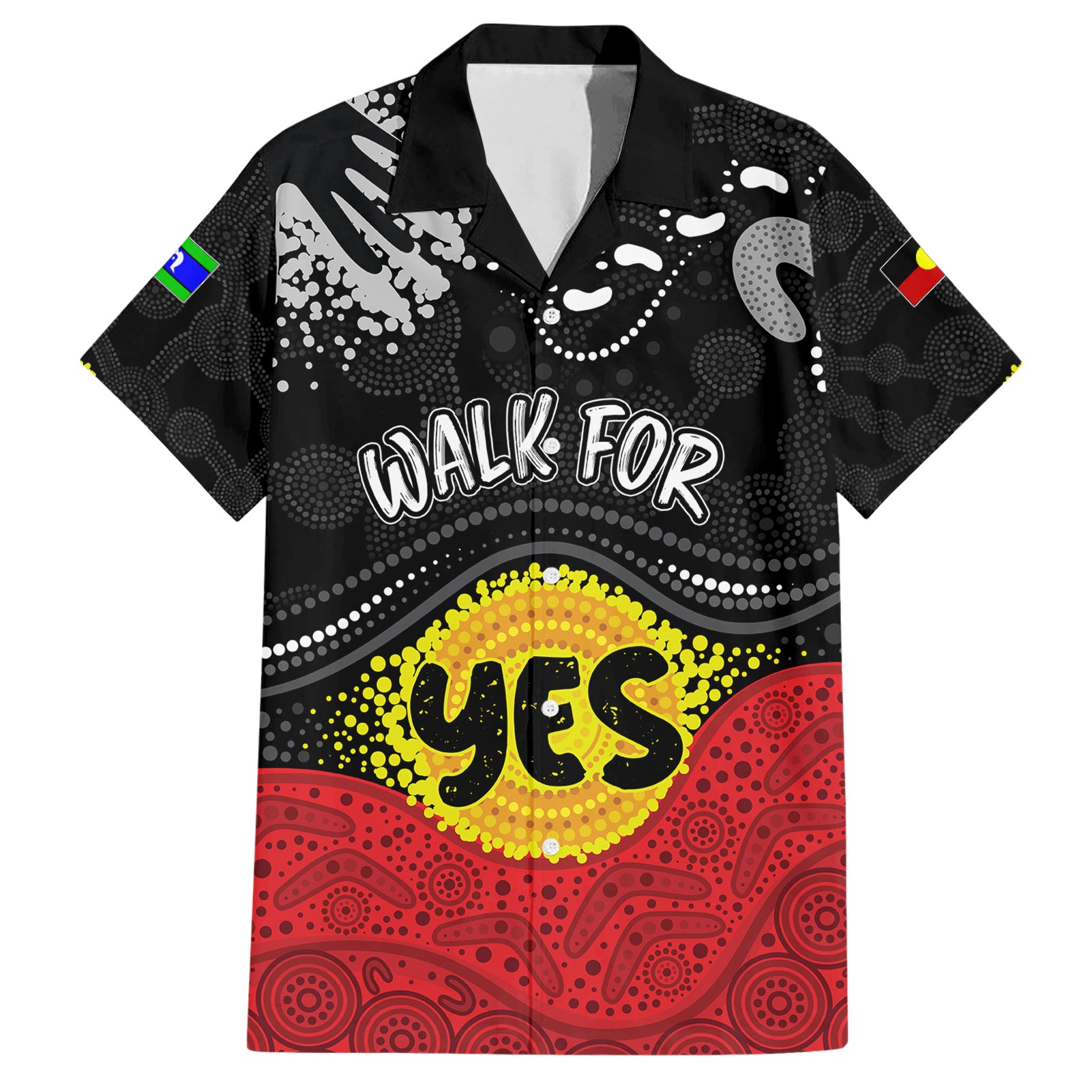 personalised-australia-indigenous-family-matching-short-sleeve-bodycon-dress-and-hawaiian-shirt-walk-for-yes-2023-aboriginal-flag-style