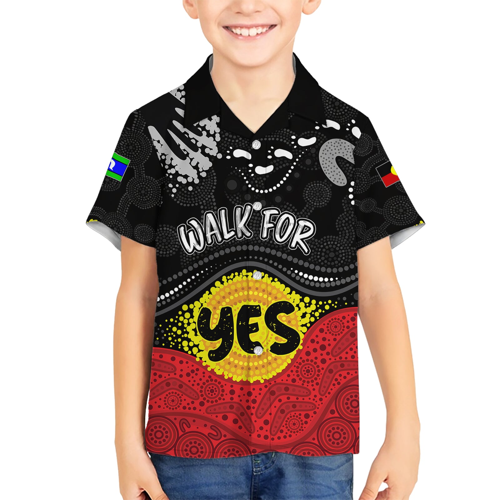 personalised-australia-indigenous-family-matching-short-sleeve-bodycon-dress-and-hawaiian-shirt-walk-for-yes-2023-aboriginal-flag-style