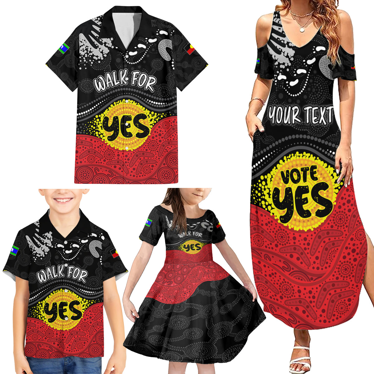 personalised-australia-indigenous-family-matching-summer-maxi-dress-and-hawaiian-shirt-walk-for-yes-2023-aboriginal-flag-style