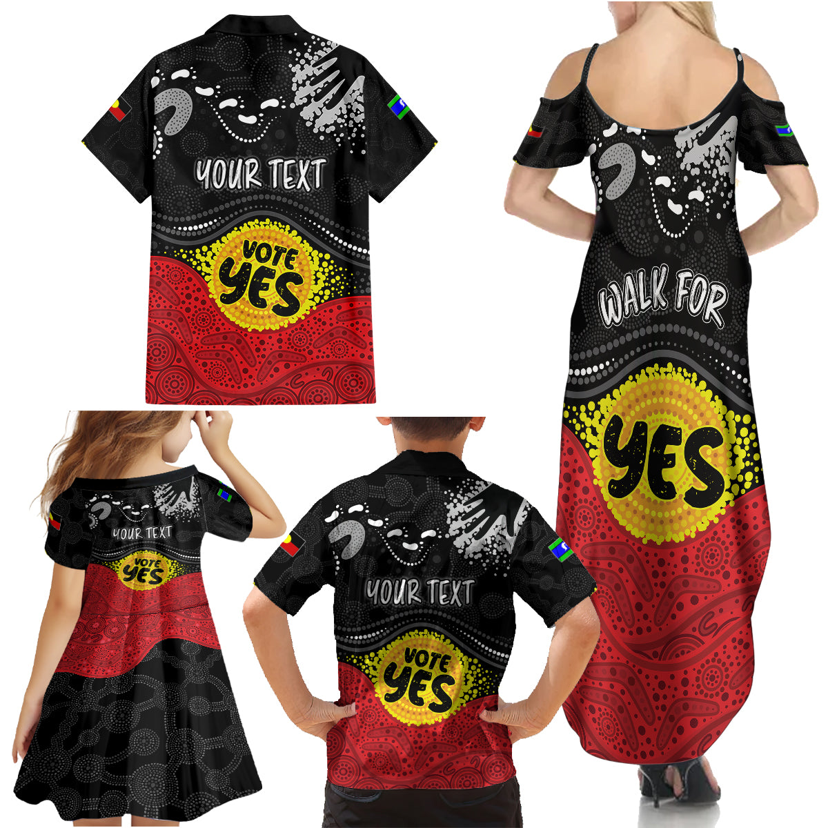 personalised-australia-indigenous-family-matching-summer-maxi-dress-and-hawaiian-shirt-walk-for-yes-2023-aboriginal-flag-style