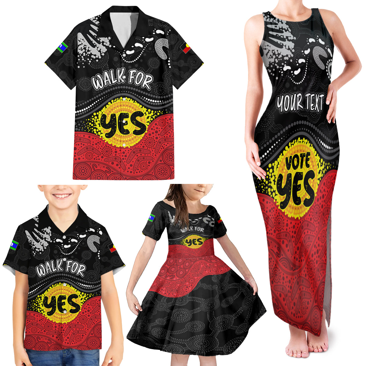 personalised-australia-indigenous-family-matching-tank-maxi-dress-and-hawaiian-shirt-walk-for-yes-2023-aboriginal-flag-style